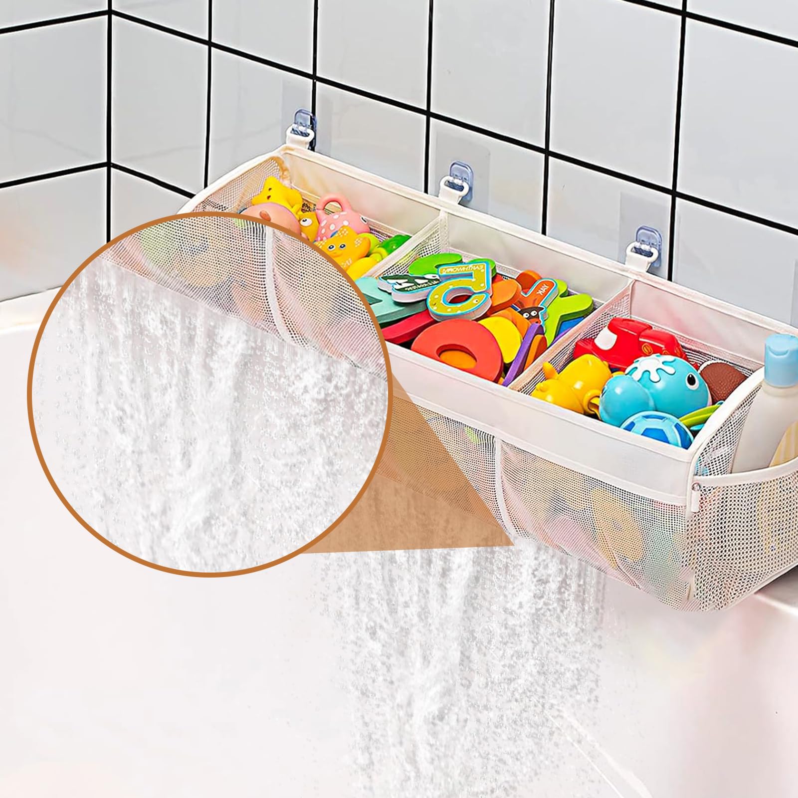 Bath Toy Storage Bag with 4 Hooks - Mesh Organizer for Bathtub Toys, Waterproof Toy Holder & Sorter - Perfect for Kids Bath Time Organization (White)