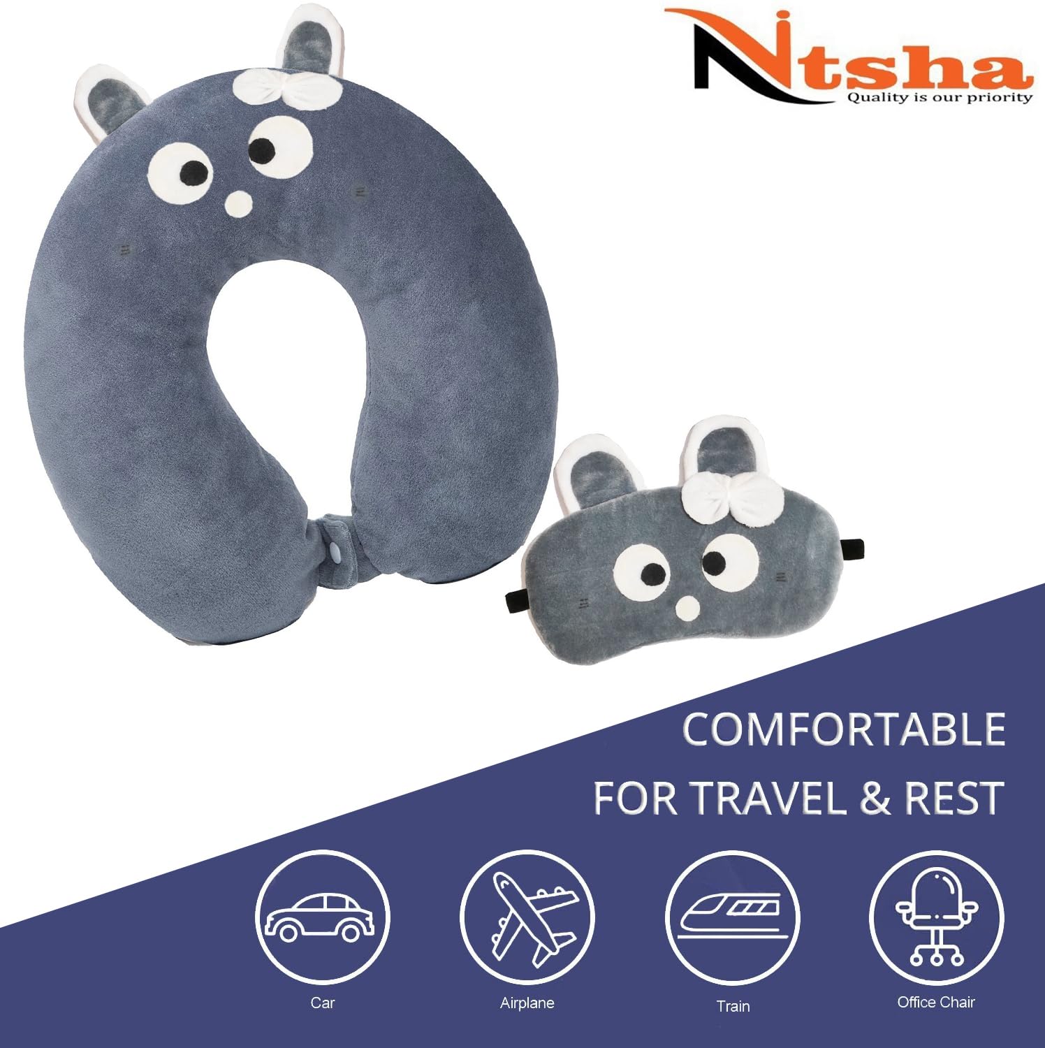 Nitsha Velvet Cute Cartoon Neck Pillow & Sleeping Eye Mask Set - Soft Travel Pillow for Airplane, Office & Home Use - Grey Comfort Combo for Men & Women