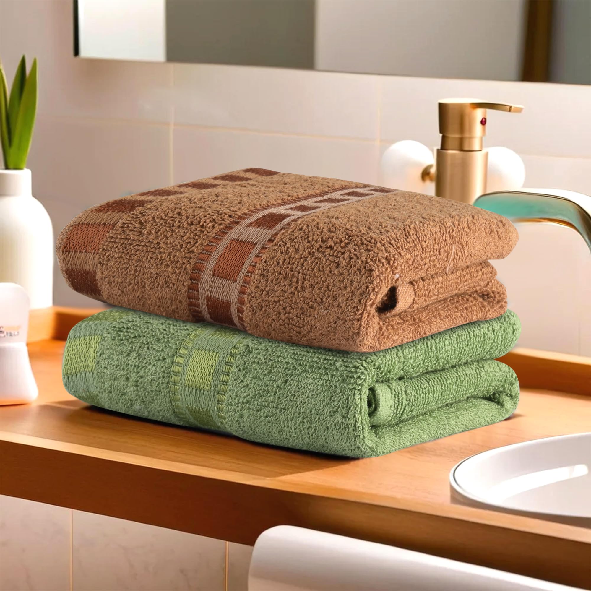 Heart Home 2-Pack Cotton Hand & Face Towels for Men & Women | Soft & Absorbent Gym Towels | Quick-Dry Pocket Towels for Workout, Travel & Sports | Green & Golden