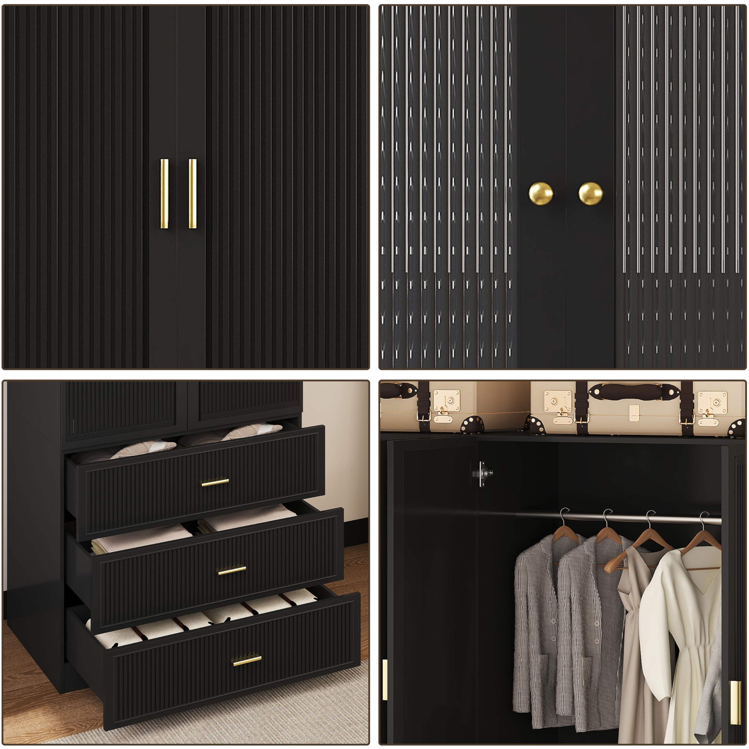 2 Door Armoire Wardrobe Closet with Drawers - Black Large Capacity Storage Closet with Hanging Rod & 3 Drawers for Bedroom Organization | Perfect for Bedrooms, Guest Rooms & Dorm Storage