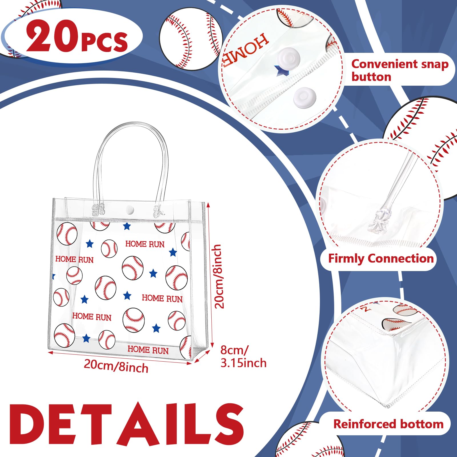 20 Pack Clear PVC Baseball Gift Bags with Handles - 8x8x3.15 Inch Sports Theme Party Favor Bags for Birthday, Team Events & Snacks - Bulk Pack for Baseball Parties, Team Celebrations & School Events