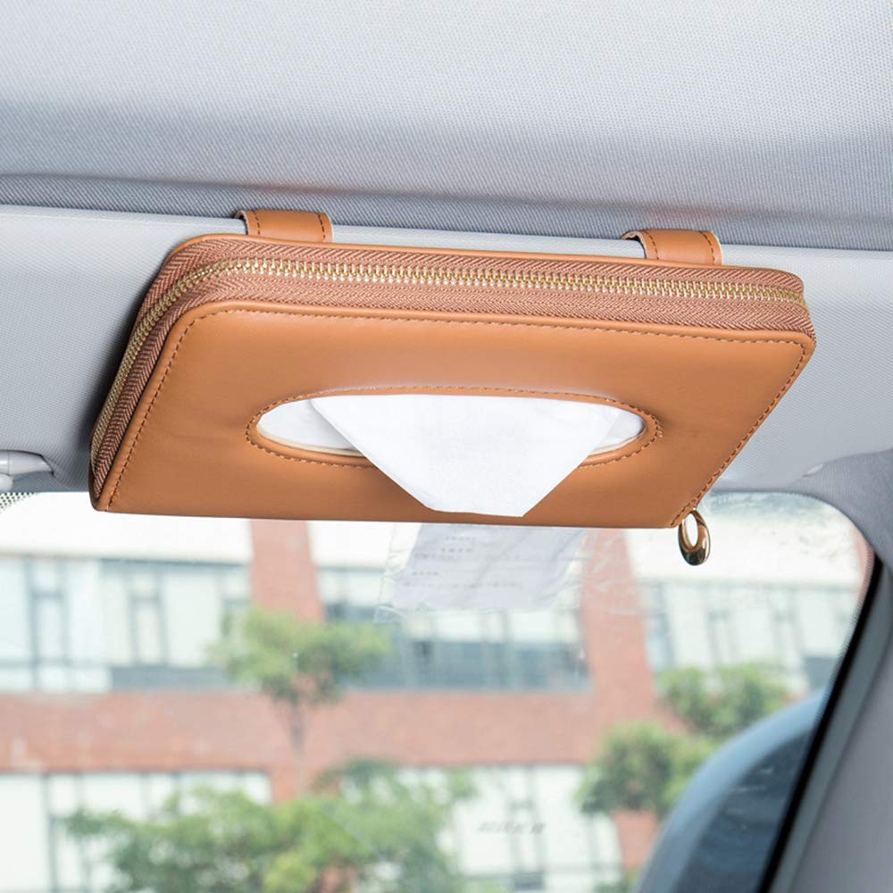 Premium Leather Car Visor Tissue Holder with Zipper - Sun Visor Napkin Organizer for Backseat, Brown Car Accessories | Perfect for Road Trips, Commuting & Family Travel