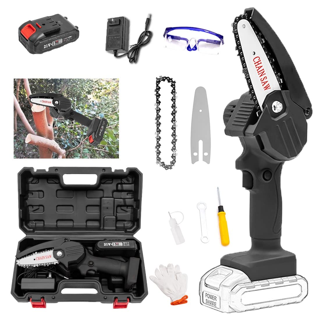4 Inch Cordless Chainsaw with Battery & Charger - Mini Electric Chainsaw with LED Lights - Portable Power Tool for Gardening, Wood Cutting, Tree Pruning & Outdoor Camping