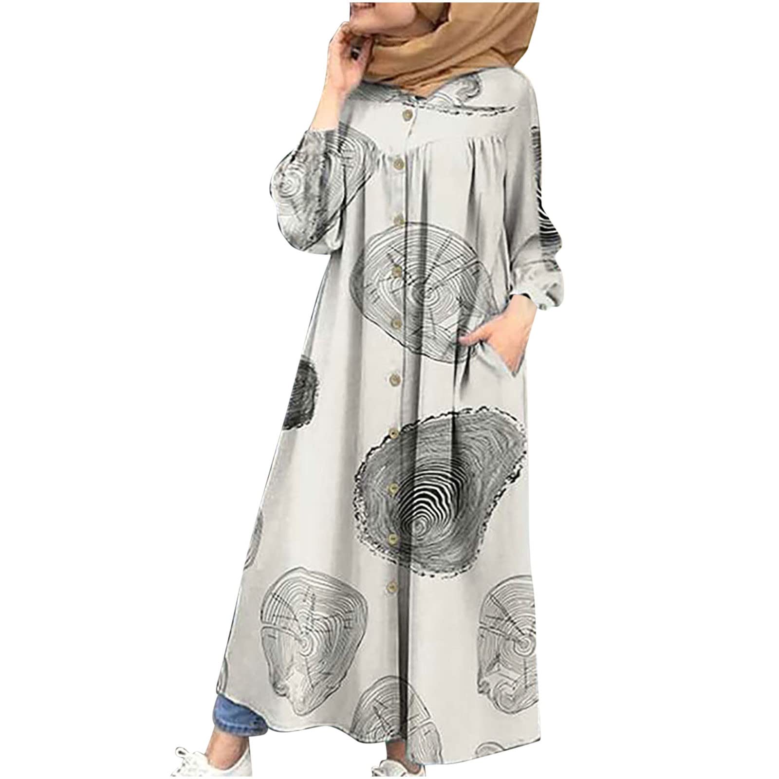 Women's Casual Button Down Shirt Dress with Pockets - Stand Collar, Long Sleeve, Flowy Maxi Dress for Outdoor Activities, Travel & Everyday Wear