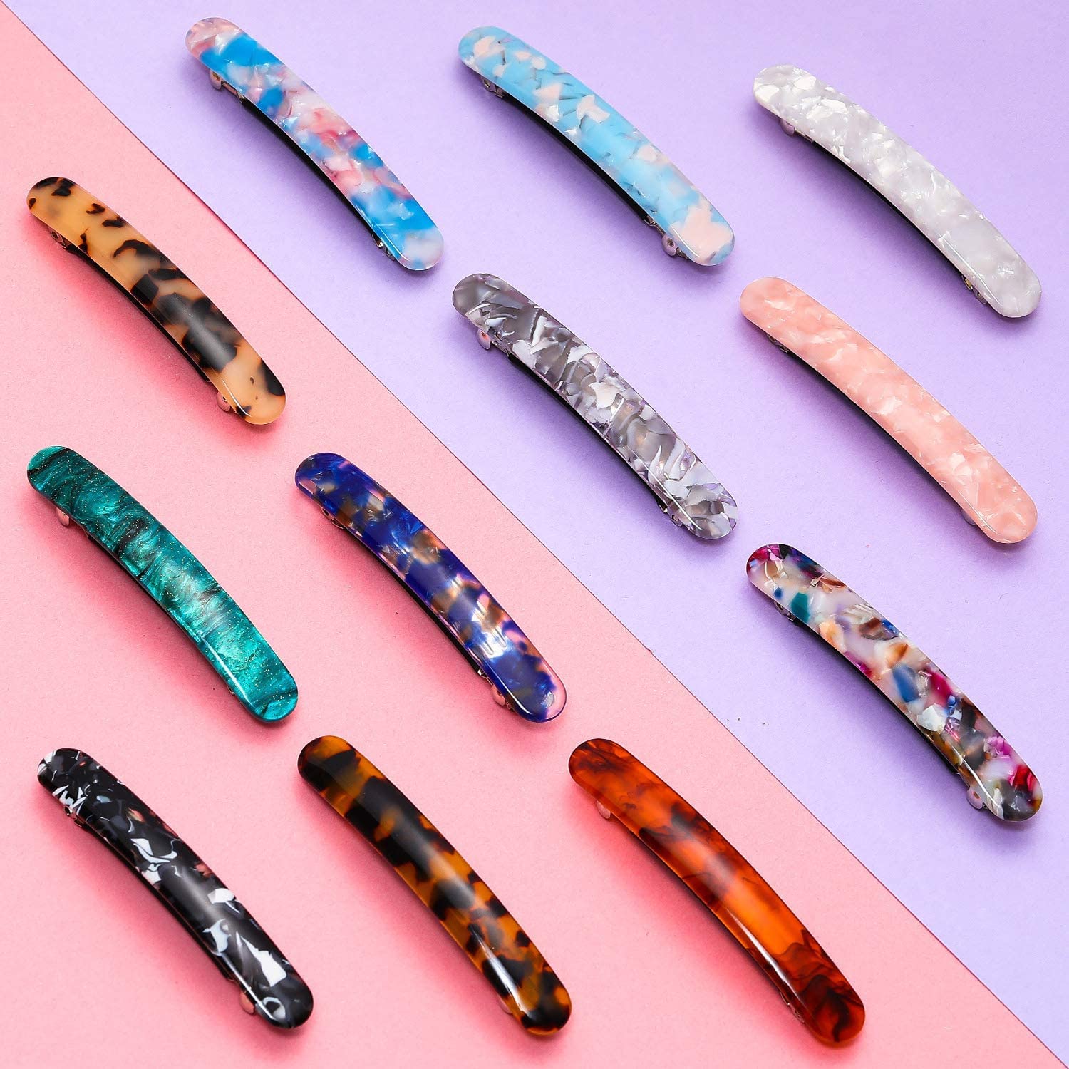 3-Piece Tortoise Shell Hair Barrettes for Women - Acetate French Skinny Hair Clips, Automatic Ponytail Holders - Perfect for Office, Wedding & Everyday Hair Accessories