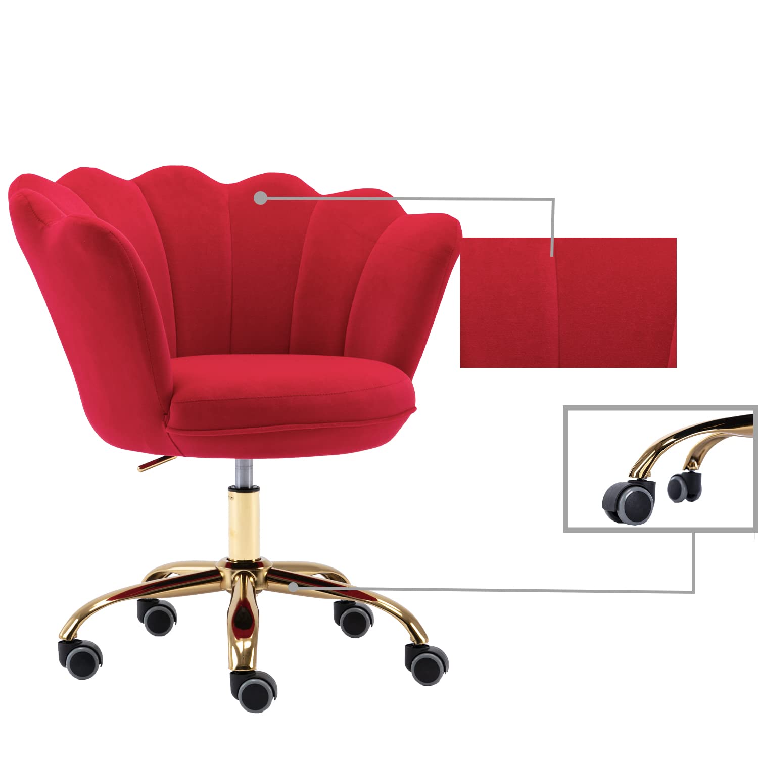 Modern Velvet Home Office Chair - Adjustable Height Swivel Task Desk Chair with Wheels for Living Room, Bedroom & Vanity Makeup Station (Red) | Perfect for Remote Work, Gaming & Beauty Routines