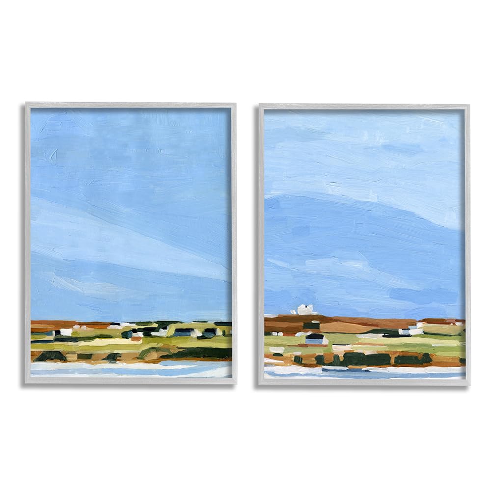 Stupell Industries Abstract Seaside Town Landscape Wall Art - Soft Blue & Green Design by Emma Scarvey - Set of 2 Grey Framed Paintings (11x14 Inches Each) - Perfect for Living Room, Bedroom or Office Decor