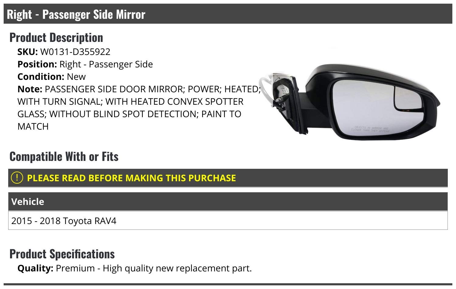 Right Passenger Side Power Mirror with Heated Glass & Turn Signal - Compatible with 2015-2018 Toyota RAV4 - Perfect for Winter Driving & Enhanced Safety
