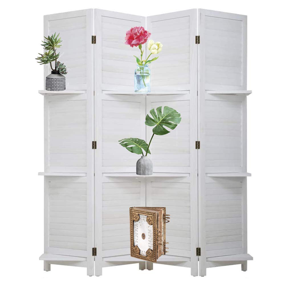3-Shelf Wooden Room Divider - 4-Panel Folding Privacy Screen with Stand | Portable Partition Wall for Home Office, Restaurant & Bedroom | Freestanding Space Separator with Storage Shelves (White)