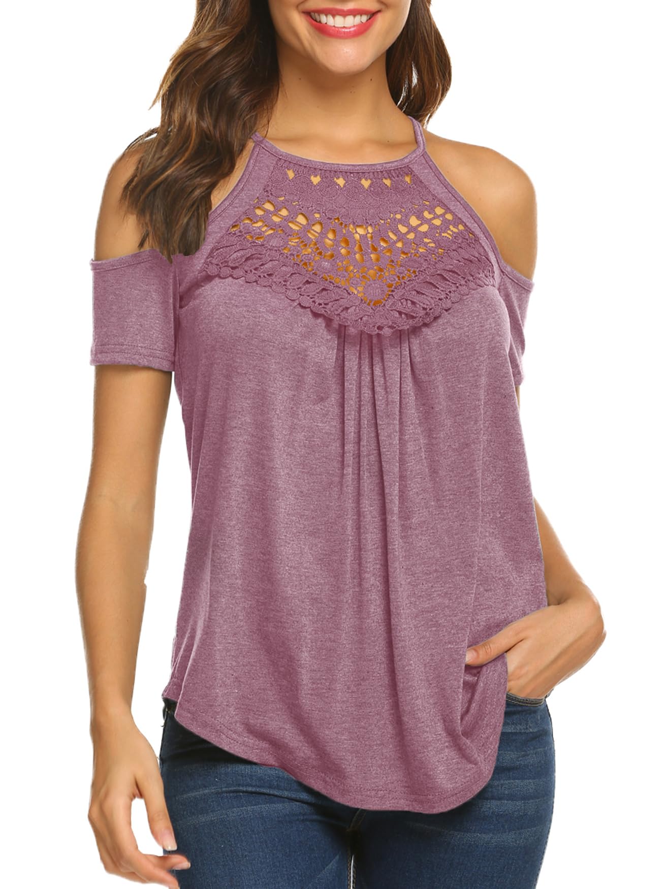 Bluetime Women's Summer Short Sleeve Cold Shoulder T-Shirts - Casual Tees for Beach, Vacation & Everyday Wear