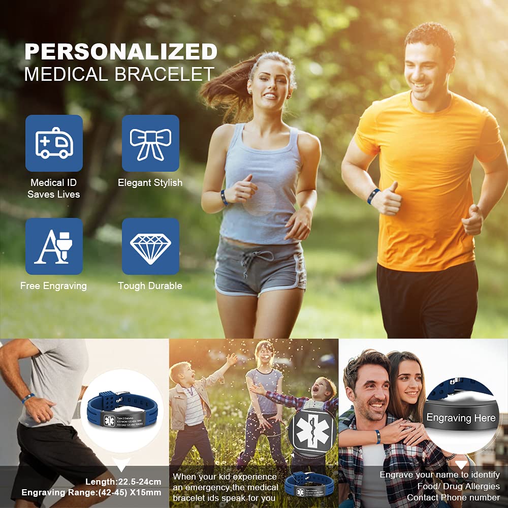 OPALSTOCK Personalized Silicone Medical ID Bracelet - Adjustable Sport Emergency Bracelet with Engraving, 9 Inch Waterproof Wristband for Men & Women - Perfect for Running, Hiking, Travel and Medical Alert Identification
