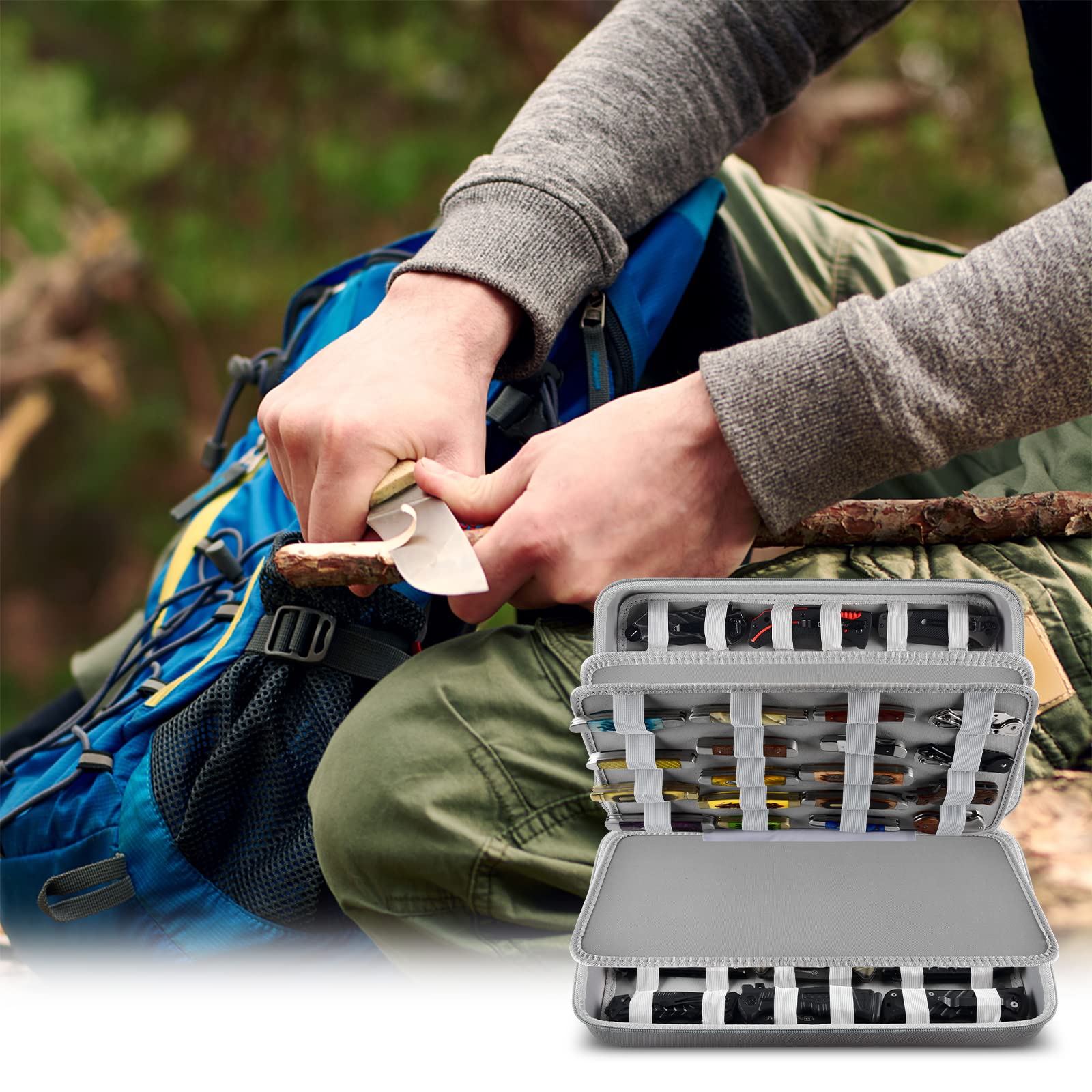 66+ Pocket Knives Display Case - Folding Knife Holder & Butterfly Knife Storage Organizer | Tactical Knife Roll Collection Pouch for EDC, Survival & Outdoor Use | Compact Grey Knife Carrier Bag for Collectors & Enthusiasts