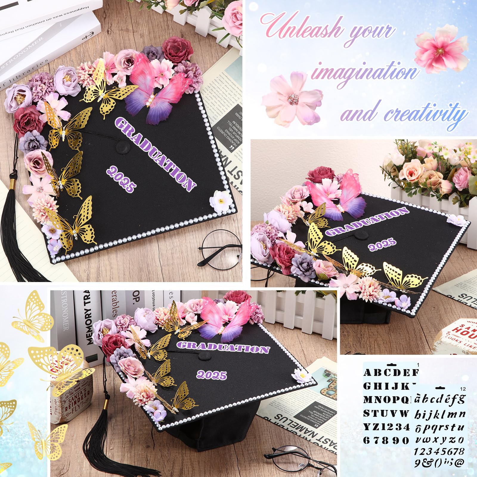 Lyrow Graduation Cap Decoration Kit - Includes Grad Cap Pens, Faux Flowers, Letter Stencils, Rhinestones & 3D Butterfly Stickers for DIY Graduation Cap Topper (Purple) | Perfect for College, High School Graduation Parties & Craft Projects