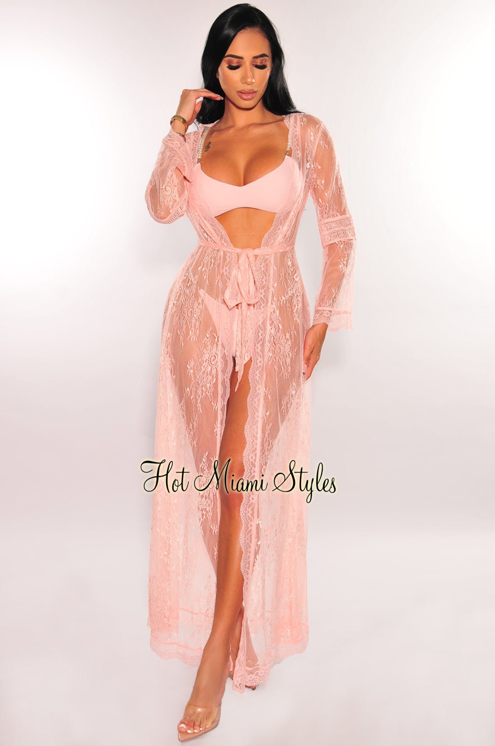 Blush Floral Lace Crochet Sheer Tie Up Cover Up - Beach Wedding Bridal Party Dress for Women | Perfect for Summer Vacations, Poolside Lounging & Boho Photoshoots
