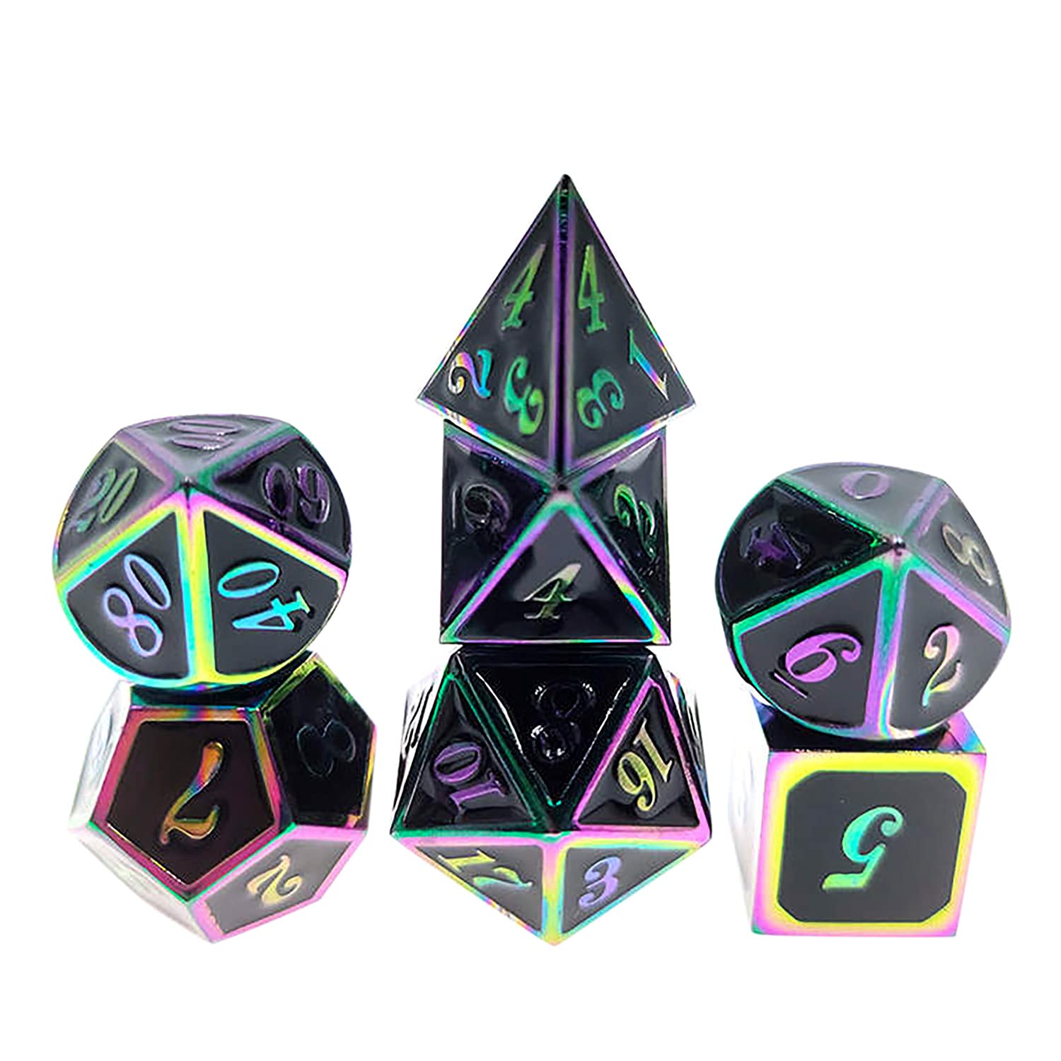 Premium Dragon Scale Dice Set with Pouch - 7-Piece Metallic Rainbow Metal Dice (16mm & 20mm) for D&D, RPG, Tabletop Gaming & Collectors - Perfect Gift for Gamers