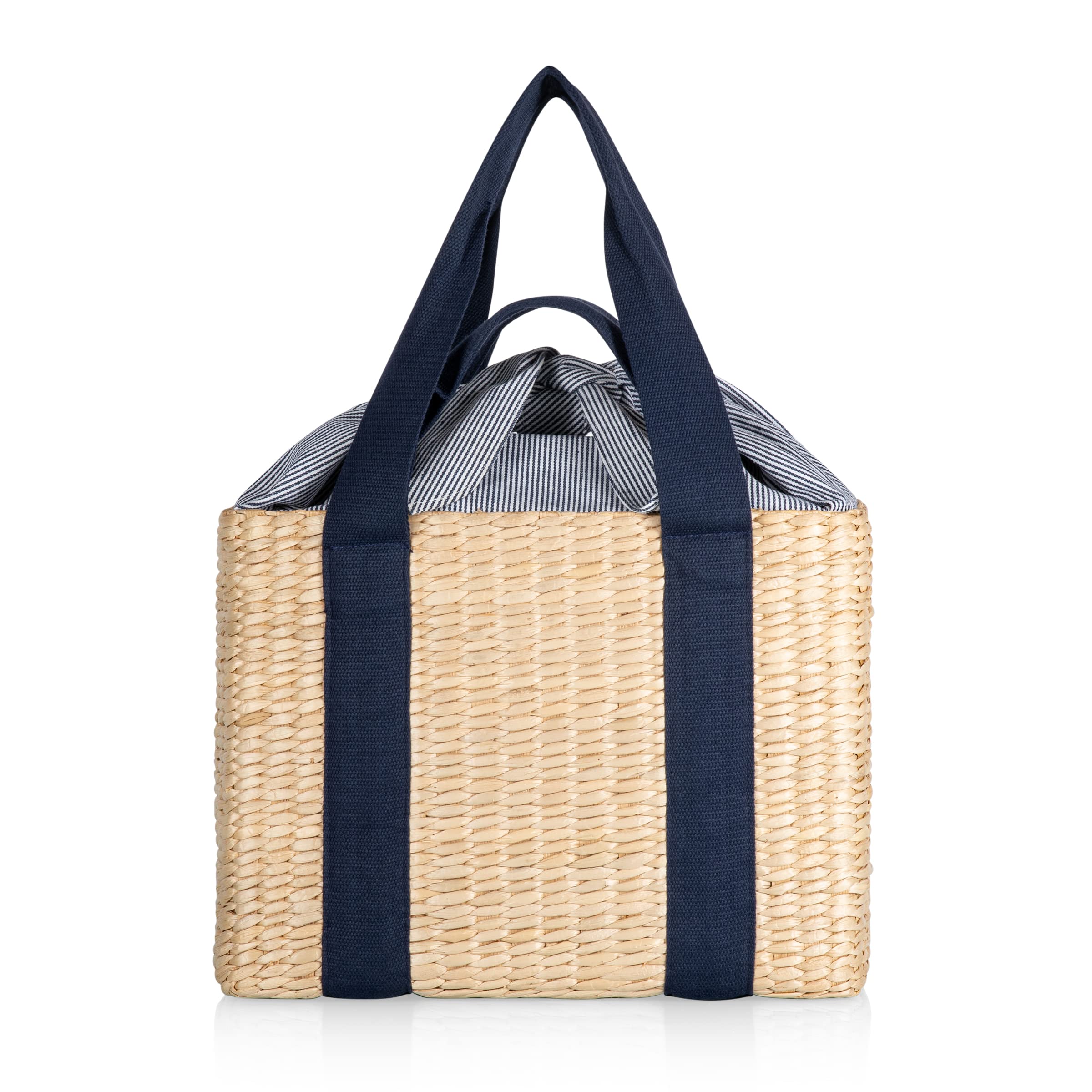 PICNIC TIME Parisian Insulated Seagrass Picnic Basket - Waterproof & Stylish Woven Picnic Hamper for Outdoor, Beach, Office Lunch, Dinner Parties - Perfect Gift for Picnic Lovers (Beige with Navy Blue Accents) | Great for Romantic Dates, Family Outings & Corporate Events