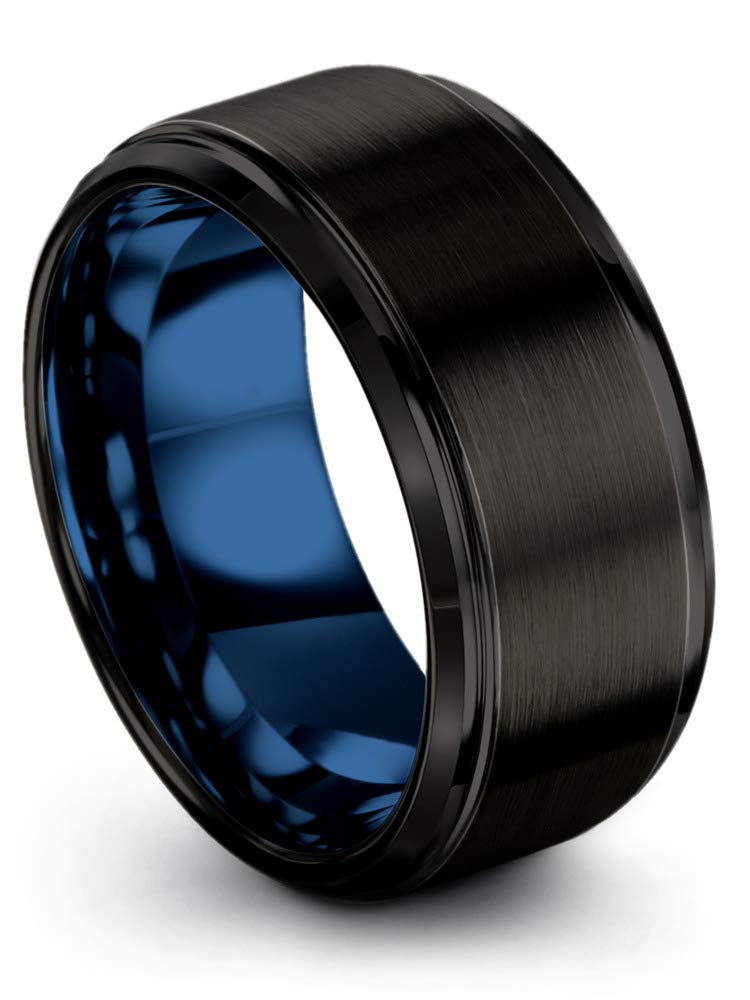 10mm Tungsten Carbide Wedding Band Ring for Men & Women - Blue Black Interior, Step Bevel Edge, Brushed/Polished Finish - Custom Engraved Anniversary & Engagement Ring - Perfect for Weddings, Proposals & Special Occasions