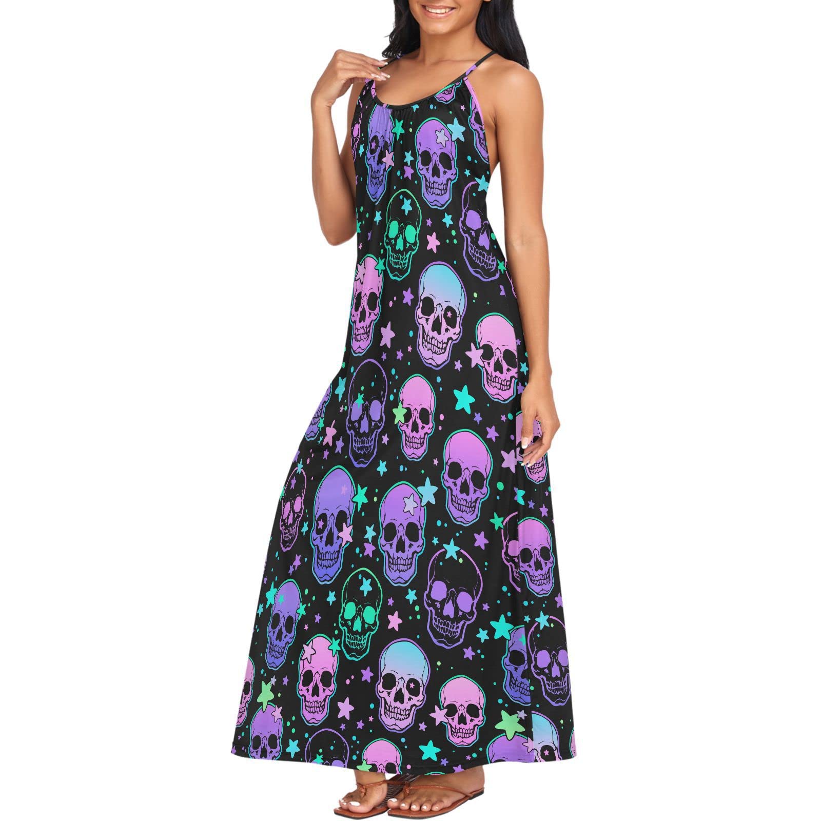 MNSRUU Women's Skull Rose Print Sexy Summer Beach Slip Dress - Gothic Floral Sleeveless Maxi Dress for Women, Perfect for Beach Vacation, Party, and Casual Outings