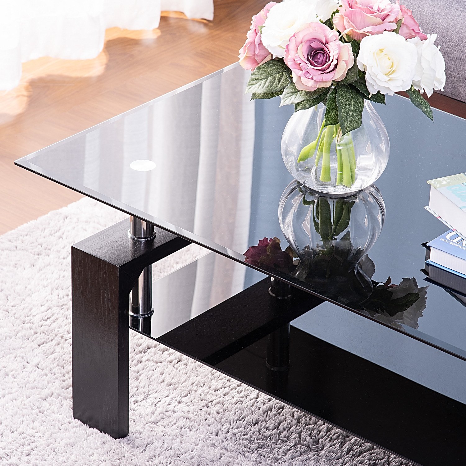 Modern 2-Tier Rectangle Glass Coffee Table - All Black Contemporary Side Tea Table for Living Room | Perfect for Small Spaces, Apartments & Lounge Areas