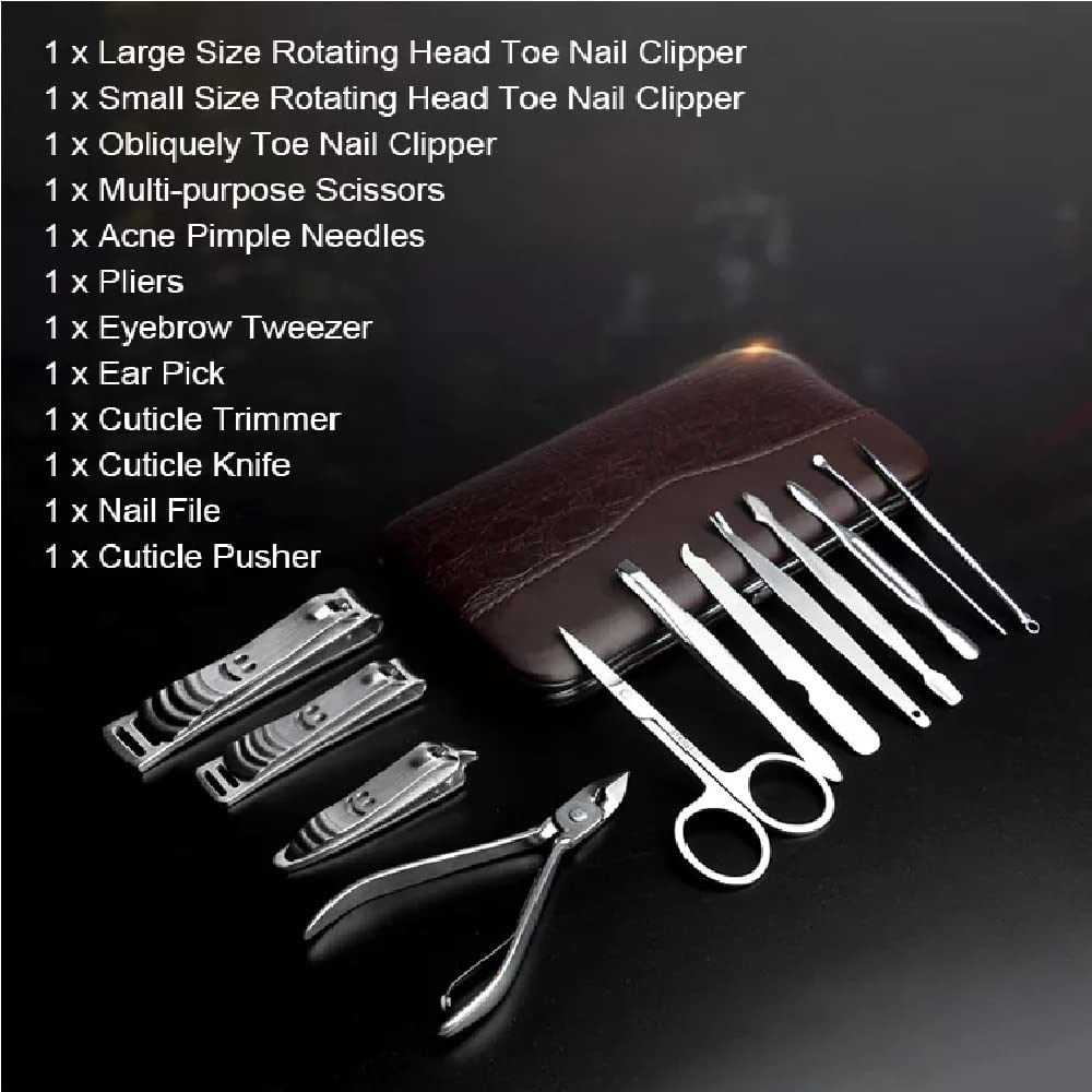 Professional Stainless Steel Manicure Pedicure Kit - 12-Piece Nail Clippers, Scissors & Grooming Tools Set with Travel Case | Perfect for Home, Salon & Travel Nail Care