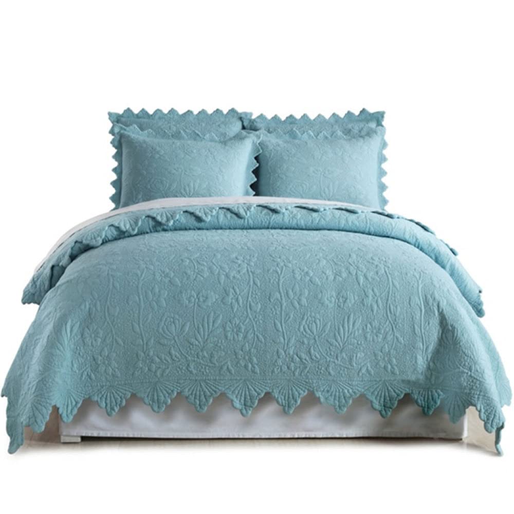 Luxury 100% Quilted Coverlet Bedspread Set - 3 Piece King/Queen/Double Size Bedding with Exquisite Embroidery (Includes 2 Pillowcases 50x70cm) - Blue 240x260cm - Perfect for Master Bedroom, Guest Room & Hotel Decor