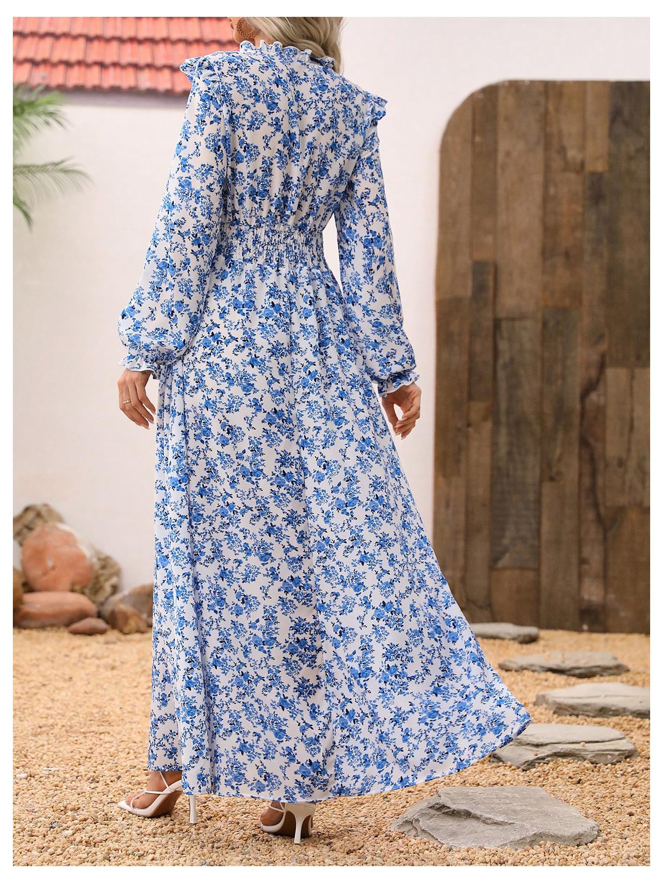 MakeMeChic Women's Floral Print Maxi Dress 2025 - Long Sleeve, Frill Trim & Shirred Design for Spring - Perfect for Weddings, Parties & Casual Outings
