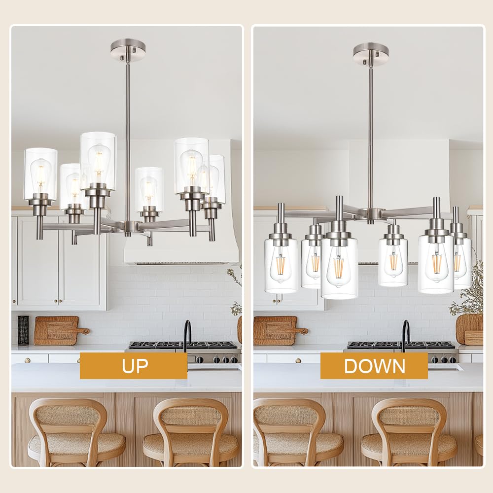 VINLUZ 6-Light Modern Chandelier with Brushed Nickel Finish & Clear Glass Shades - Contemporary Cylinder Pendant Lighting Fixture for Dining Room, Living Room, Kitchen | Perfect for Home Decor, Interior Design, and Ambient Lighting