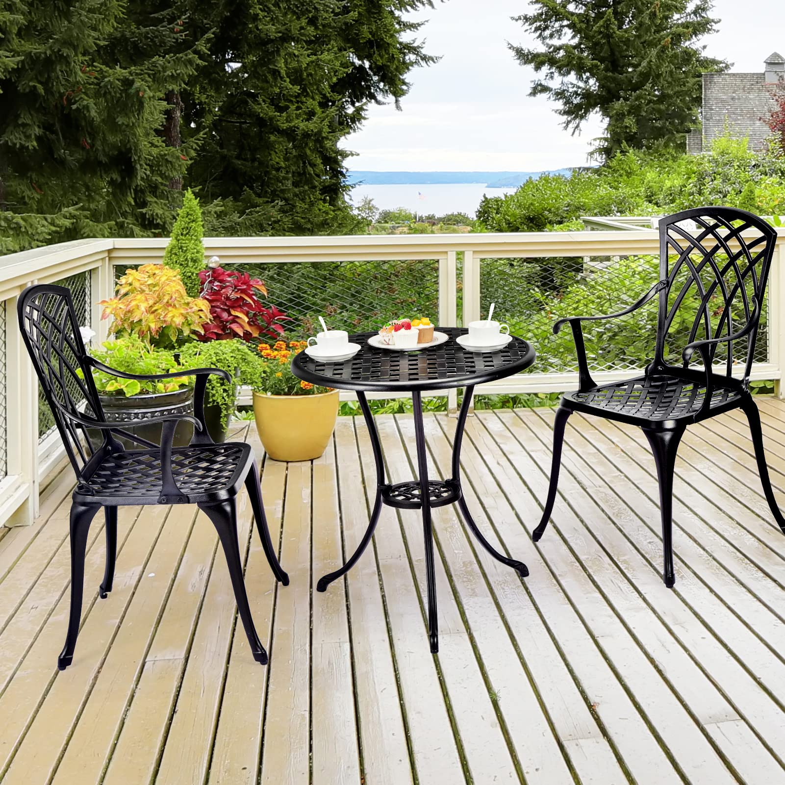 3 Piece Bistro Set - Durable Cast Aluminum Outdoor Table and Chairs with Umbrella Hole - Weather-Resistant Patio Furniture for Balcony, Backyard, Garden - Perfect for Outdoor Dining, Coffee Break and Relaxing (Black)