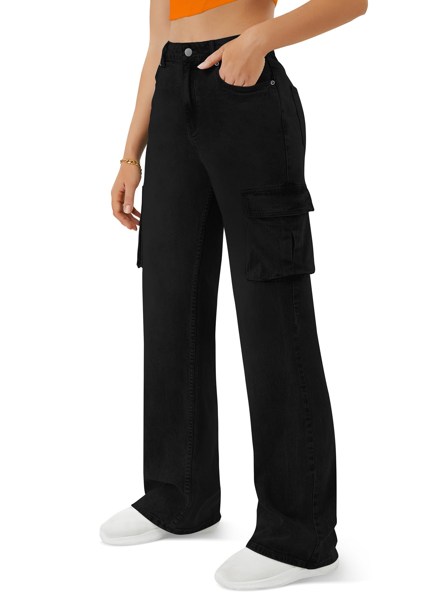 Women's High Waisted Cargo Jeans - 6 Pocket Straight Wide Leg Baggy Pants for Casual Wear | Street Style, Work & Everyday Comfort
