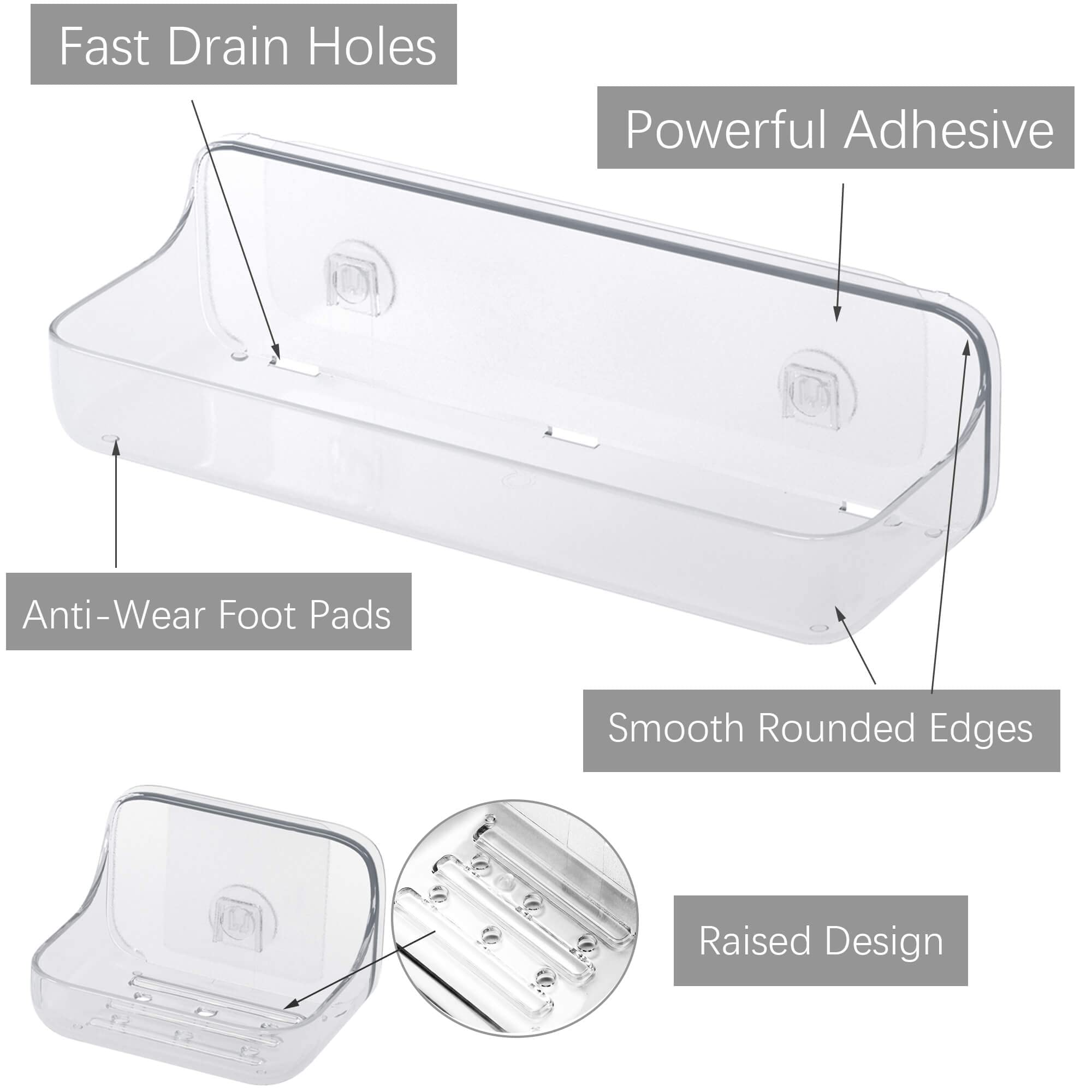 TZAMLI Adhesive Shower Caddy with Soap Dish - 3 Pack Clear Plastic Wall Mounted Bathroom Organizer Shelf for Shampoo, Conditioner & Soap Storage - Perfect for Small Bathrooms, Apartments & Dorm Showers