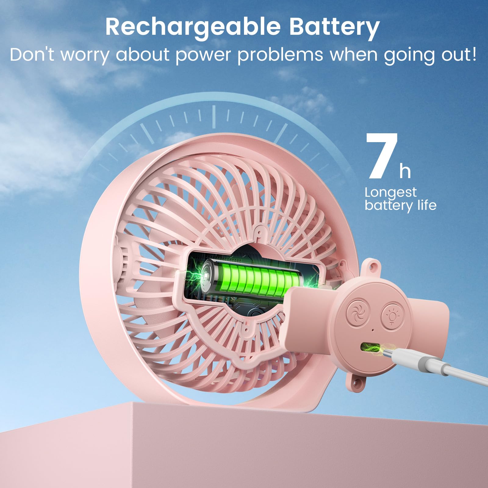USB Rechargeable Cordless Desk Fan - 70ft Strong Airflow, Quiet Operation with LED Light & 360° Rotation - Portable Battery Powered Table Fan for Bedroom, Home Office, Outdoor, Travel, Camping (Pink)