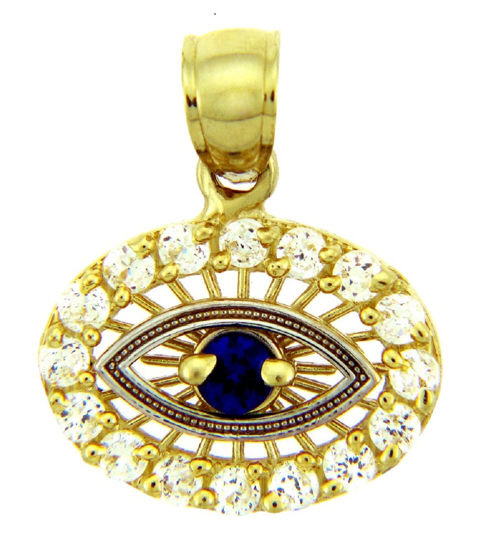 10K Two Tone Gold Evil Eye Pendant with Colorless & Blue CZ Stones - Good Luck Charm Jewelry for Protection & Positive Energy | Perfect for Gifts, Daily Wear & Spiritual Healing