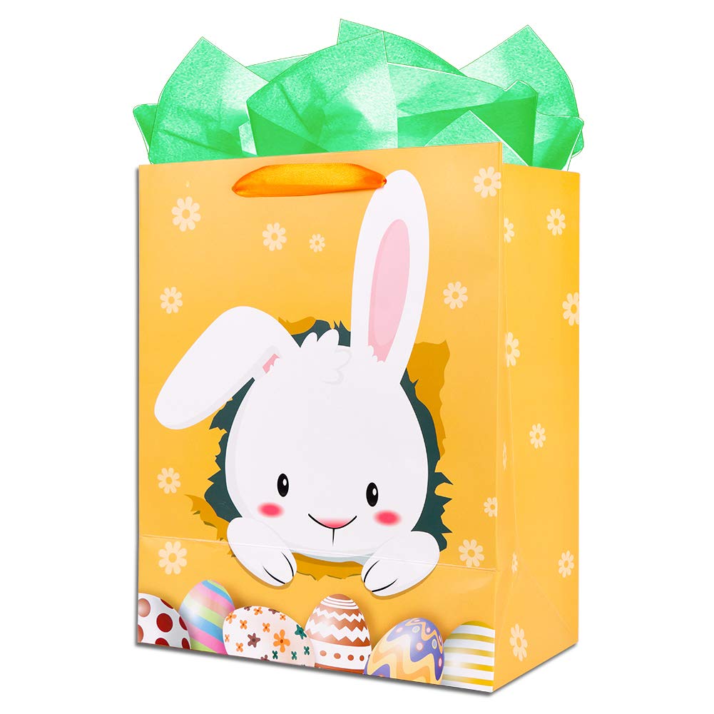 Easter Gift Bags with Handles - 5.8x10.5x13 inch Large Bunny Egg Hunt Bags for Kids Party Favors, Spring Celebration & Easter Egg Hunt Supplies - Includes Tissue Paper (Multi-Color)