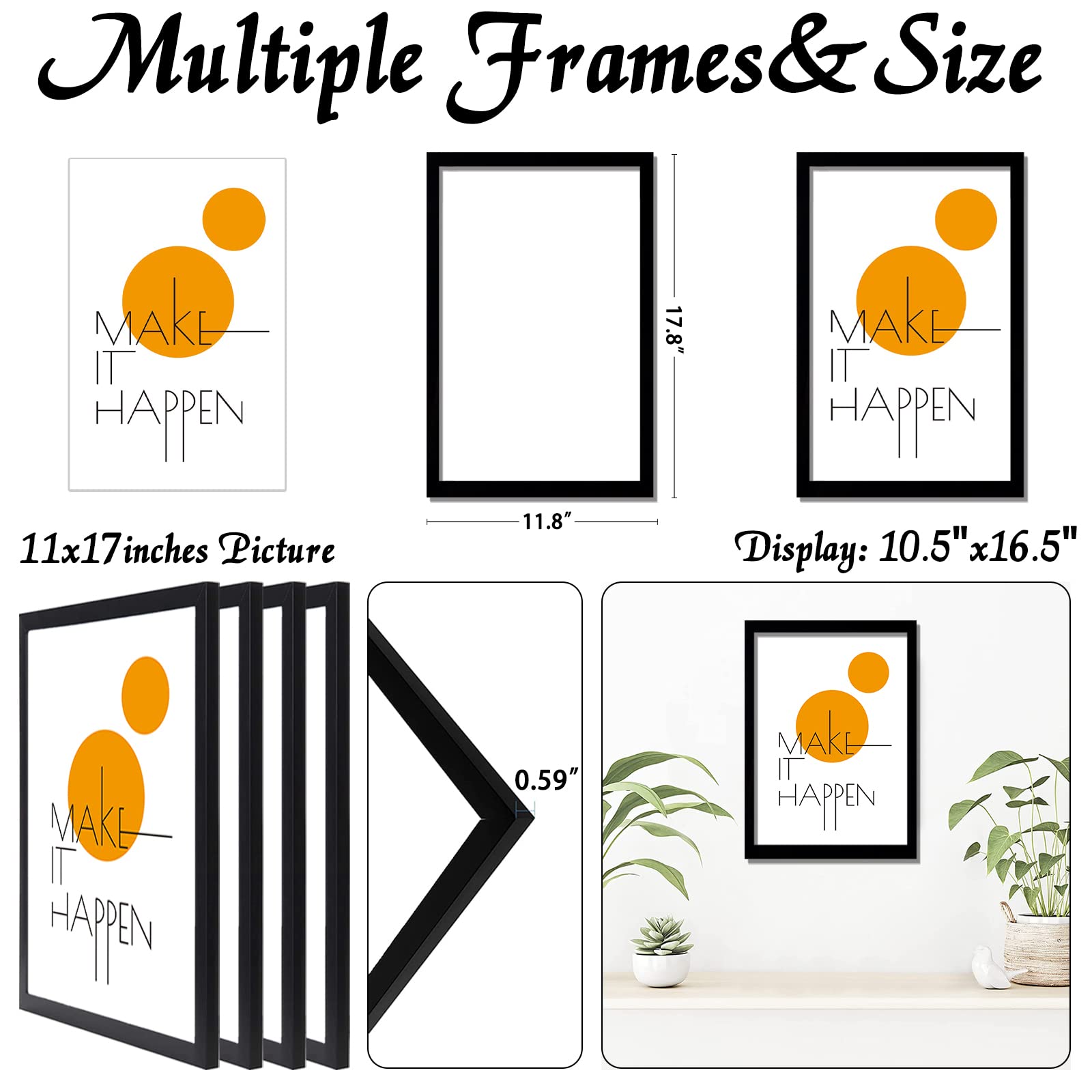 11x17 Picture Frame Set of 4 - Black 11x17 Poster Frames with High Transparency for Wall Gallery, Canvas & Photos (11 by 17 inches) - Perfect for Home Decor, Office Display & Art Exhibitions