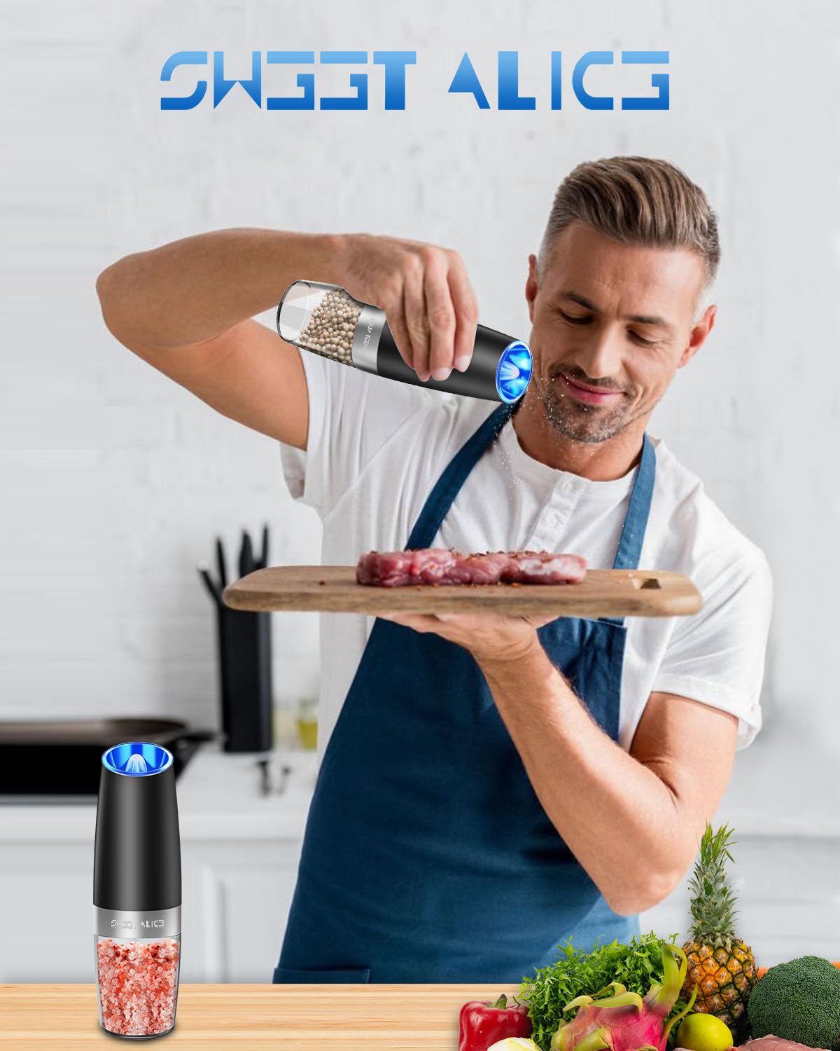 Sweet Alice Gravity Electric Pepper and Salt Grinder Set - Adjustable Coarseness, Battery Powered with LED Light, One-Hand Automatic Operation, Stainless Steel Mill (Black) - Perfect for Kitchen, Dining Table, and Outdoor Cooking