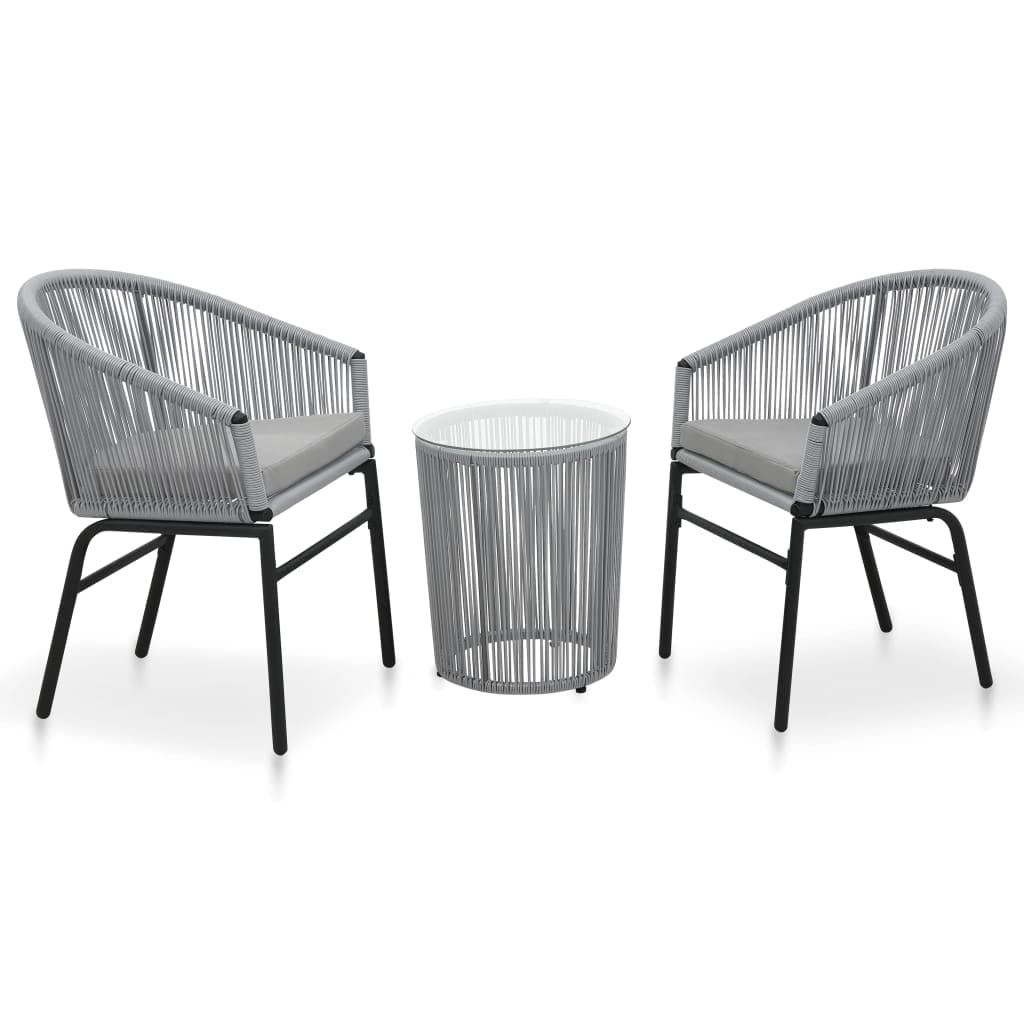 vidaXL 3-Piece Patio Bistro Set with Cushions - Gray PE Rattan Outdoor Furniture, Round Glass-Top Table Conversation Set for Garden, Deck, and Backyard Relaxation