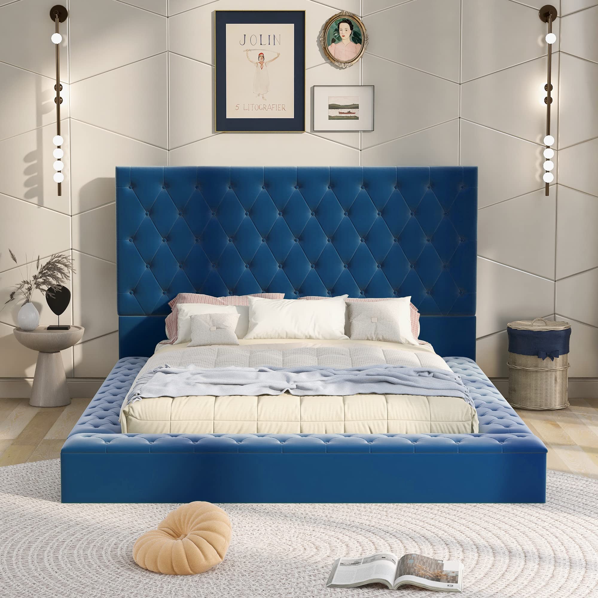 Luxury Velvet Upholstered Full Size Platform Bed with Deep Button Tufting & Side Storage - 80