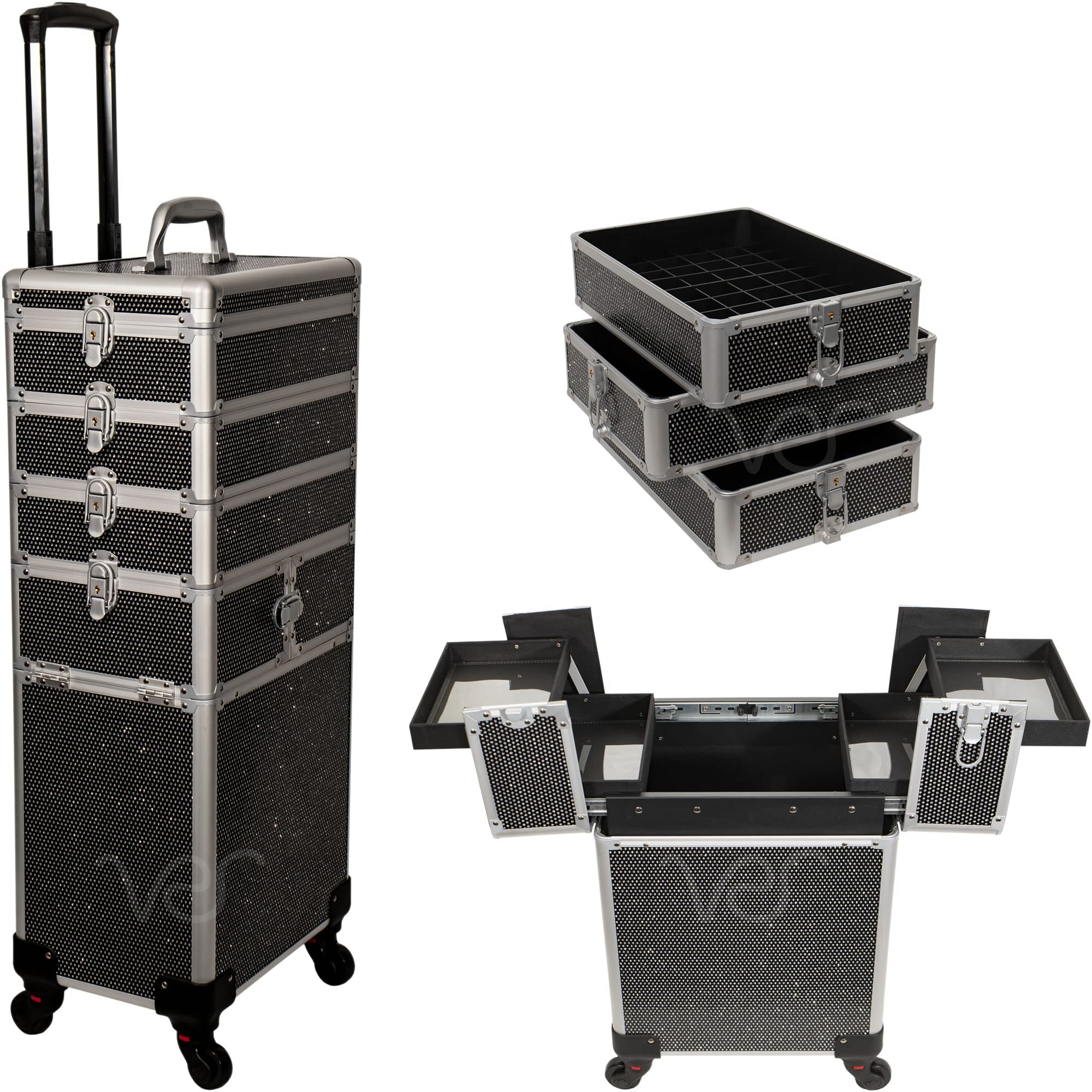 9-in-1 Professional Interchangeable Rolling Makeup Train Case with Organizer Trays & Extra Lid - Perfect for Salon, Travel & Home Cosmetic Storage