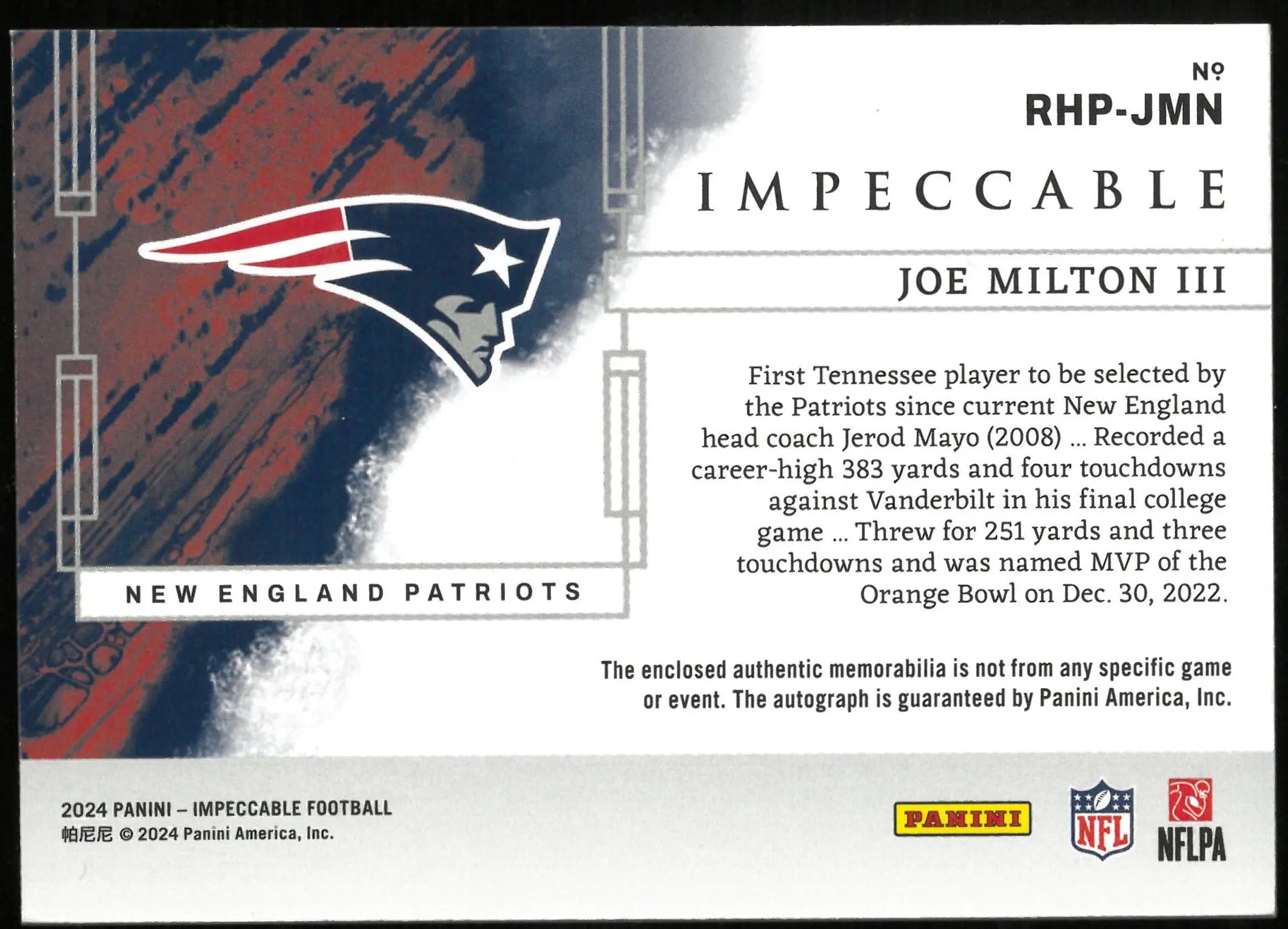 2024 Panini Impeccable Football Joe Milton III Rookie Card Dual Patch Autograph /50 - Perfect for Collectors, Fans & Sports Memorabilia Enthusiasts