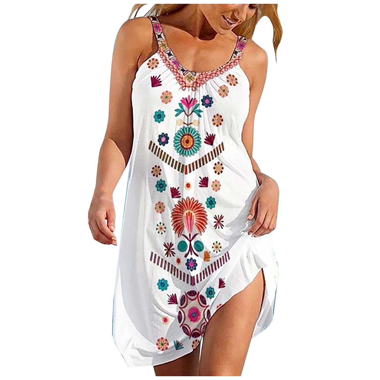 Women's Summer Tank Dress - Crewneck Sleeveless Floral Print Casual Mini Sun Dress for Beach, Vacation & Outdoor Activities | Loose Fit Trendy Fashion