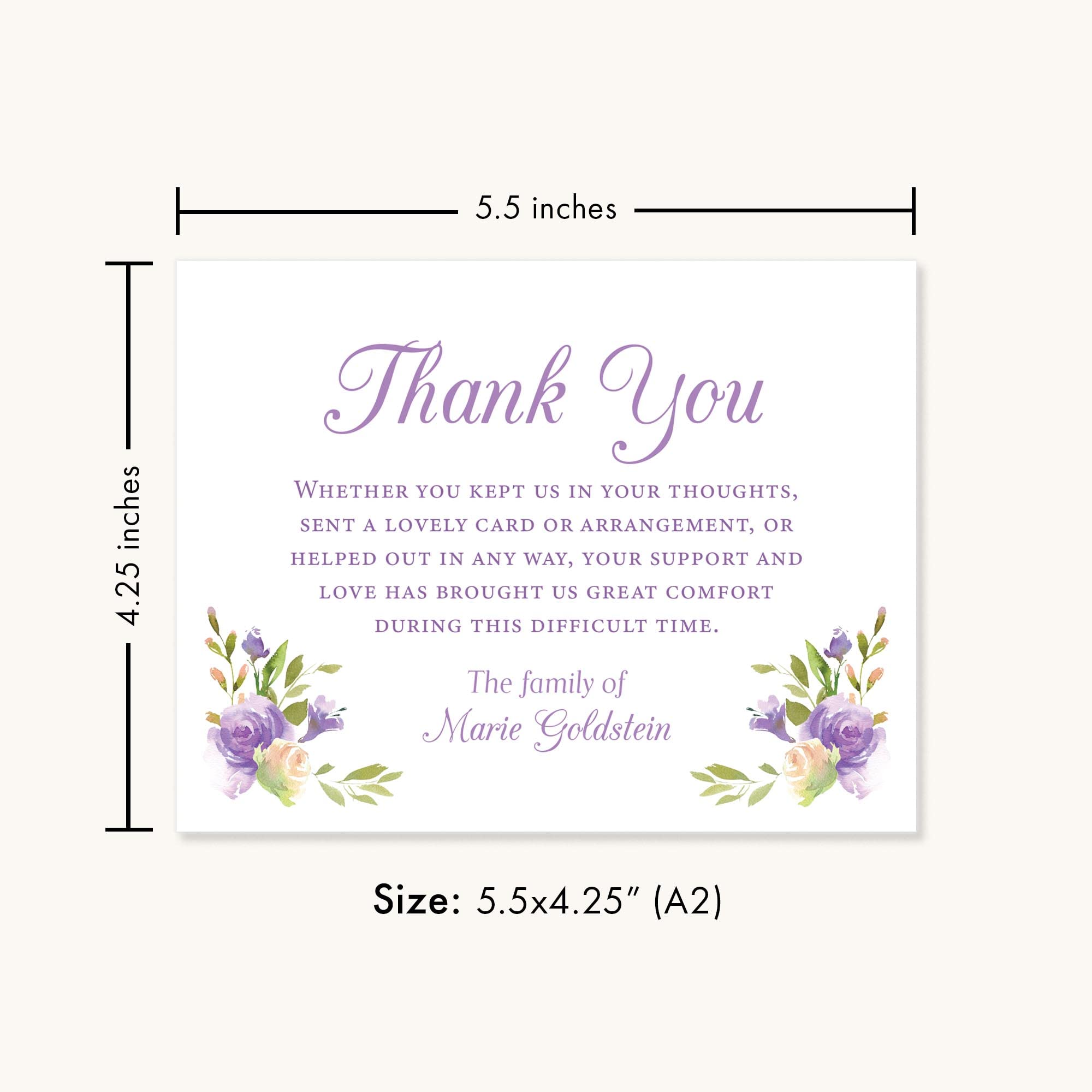 Sympathy Thank You Cards with Purple Flowers - Funeral Bereavement Thank You Notes & Envelopes (5.5x4.25 Inch Flat Notecards) - Perfect for Expressing Condolences After Loss or Memorial Services