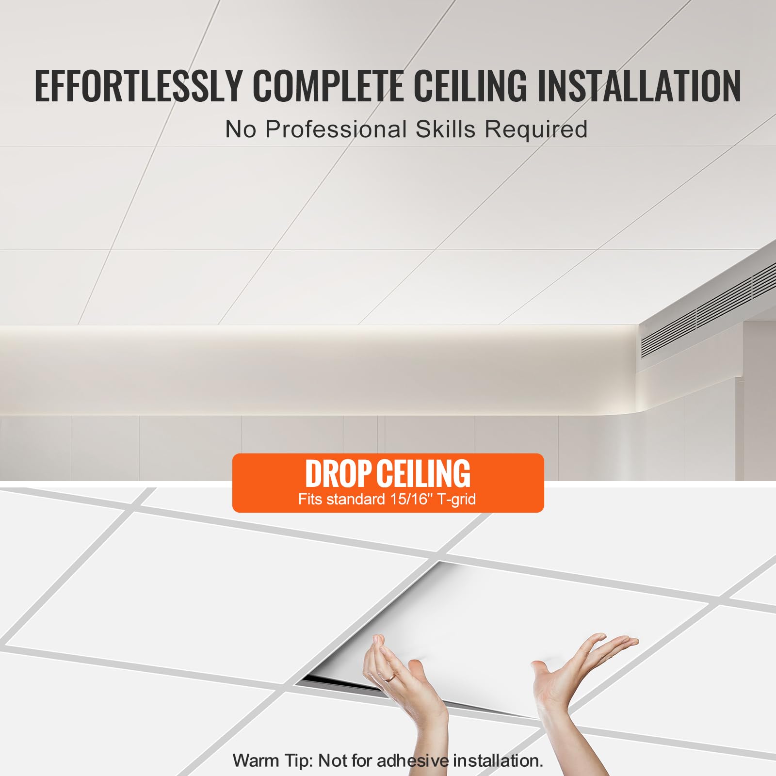 VEVOR 10-Pack 24x48 Inch Drop Ceiling Tiles - Premium PVC Foam Panels, Fire-Rated, Flexible & Easy to Install - Smooth White Ceiling Cover for Home Office, Basement & Commercial Spaces Decoration