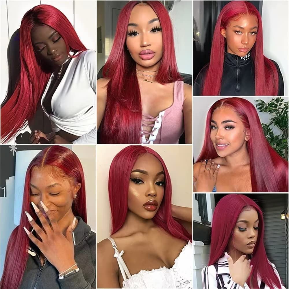 Burgundy 13x4 Lace Front Wig Human Hair 99J - 16 Inch Straight Glueless Pre Plucked with Baby Hair 180% Density Lace Frontal Wigs for Women | Perfect for Daily Wear, Cosplay, Parties & Special Occasions