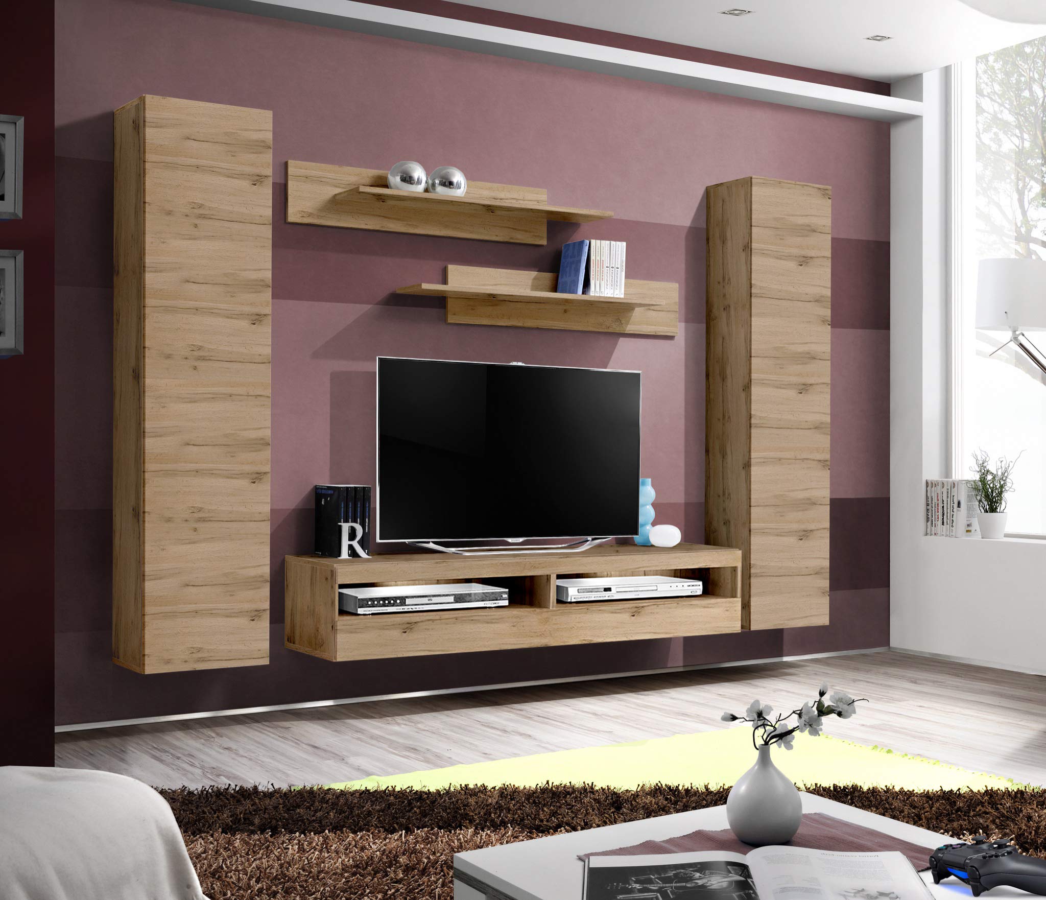 Modern Oak Wall-Mounted TV Stand with Storage Shelves & LED Lights - Floating Entertainment Center Console for Living Room & Bedroom - Space-Saving 35