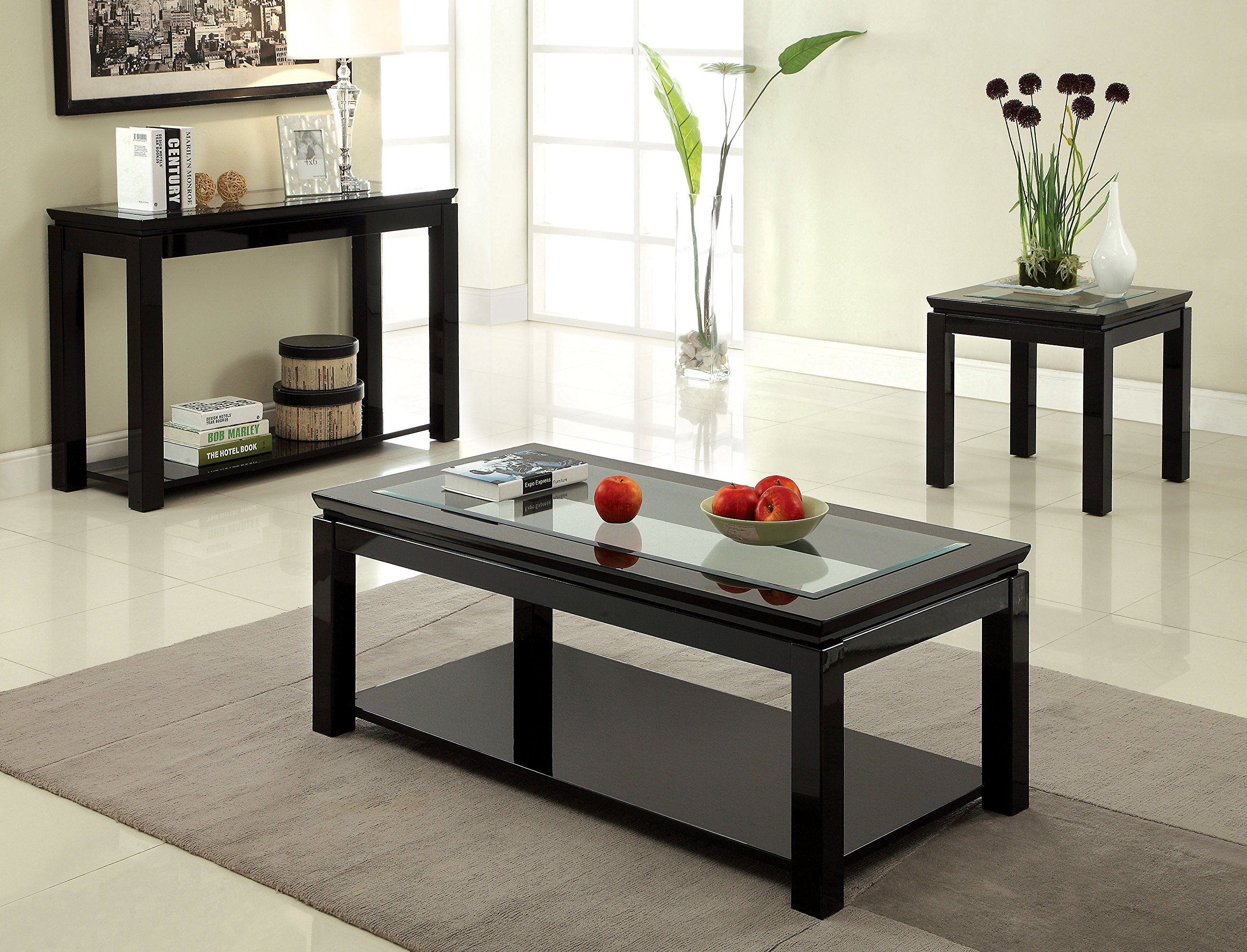 Furniture of America Kappa Contemporary Glass Top End Table - 54 Inch Black Modern Side Table for Living Room, Bedroom, or Office Decor