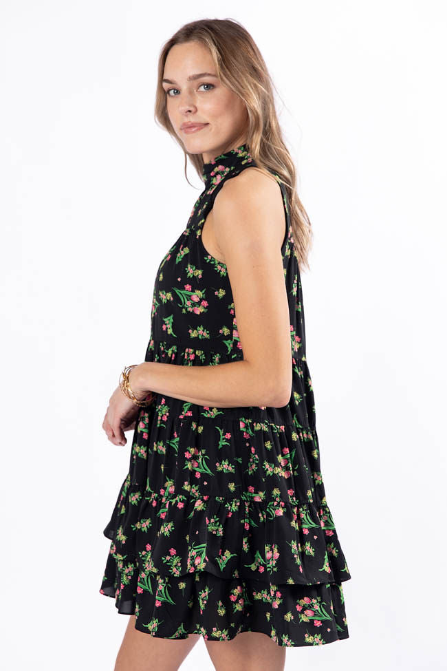 Black Floral Print Mini Dress - Women's Elegant Short Sleeve Party Cocktail Dress for Night Out, Date Night, Summer Vacation & Special Occasions