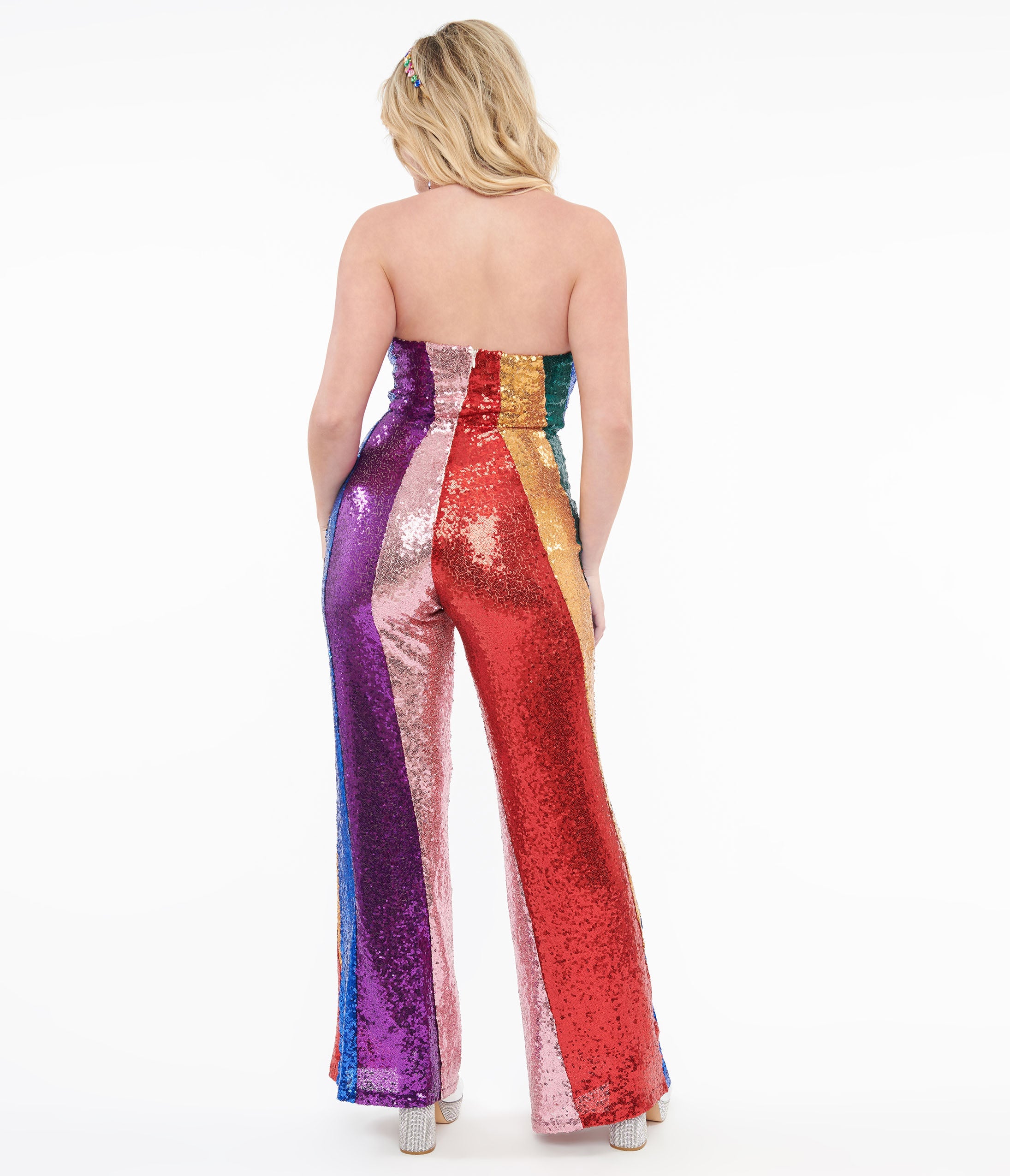 Smak Parlour 1960s Rainbow Sequin Glamour Goddess Jumpsuit - Vintage Retro Disco Party Outfit for Women, Halloween Costume & Stage Performance