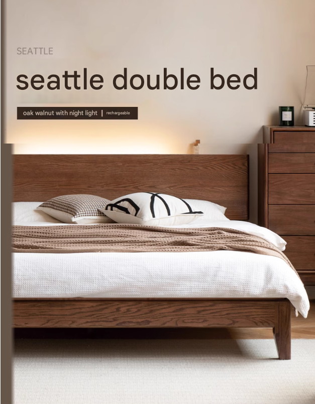 Solid Oak Wood Modern Bed Frame with LED Night Lights in Walnut Finish - Perfect for Bedroom Decor and Cozy Nighttime Ambiance