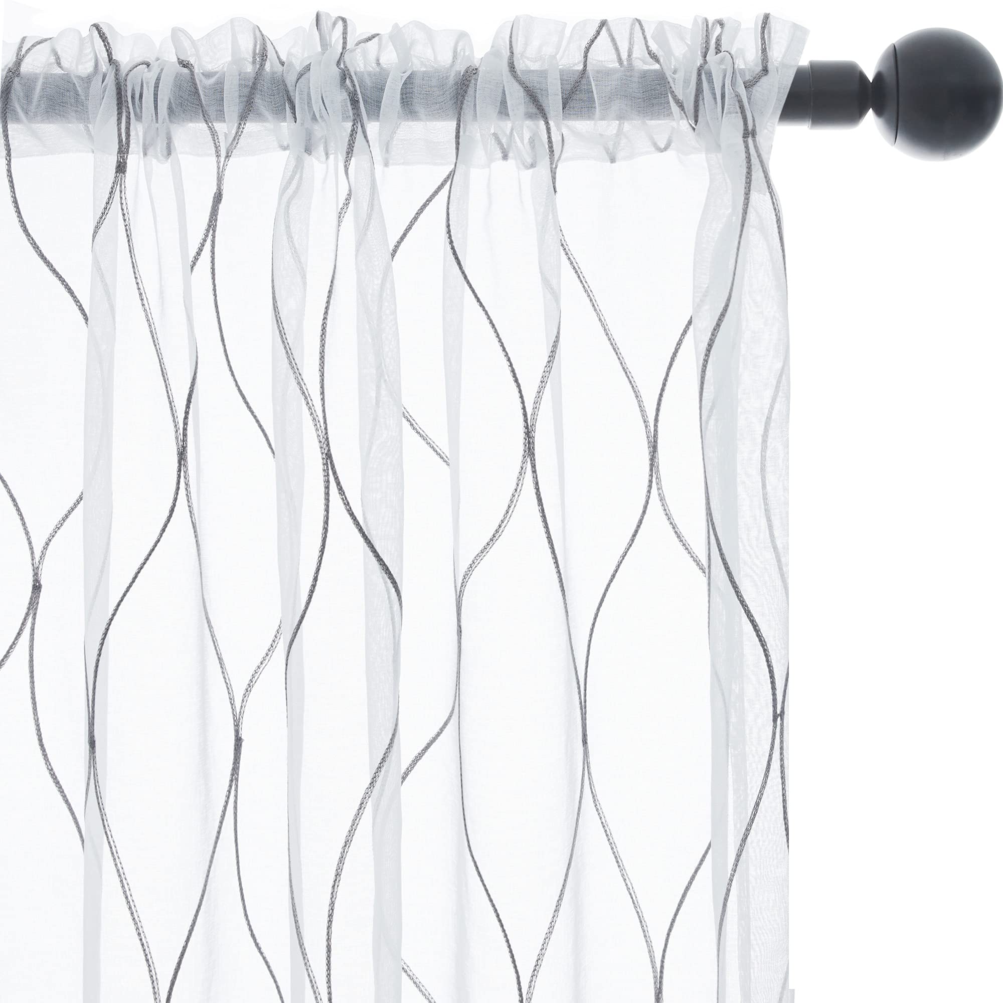 Deconovo White Sheer Curtains - Rod Pocket Embroidered Wave Design Voile Curtains 52x84 Inches, Grey Pattern (2 Panels) - Light Filtering Window Drapes for Kids Bedroom, Nursery, Living Room & Home Decor