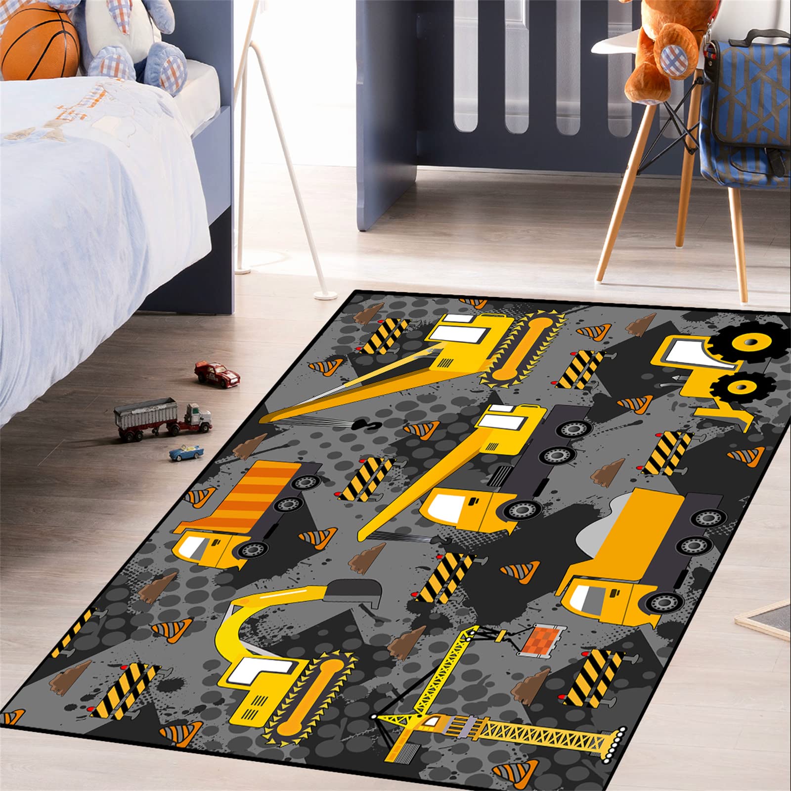 Construction Play Rug for Boys - 2'5''×4' Grey Kids Car & Truck Play Mat - Durable Playroom Rug for Boys Room Decor & Construction Theme | Perfect for Playtime, Learning & Room Decoration
